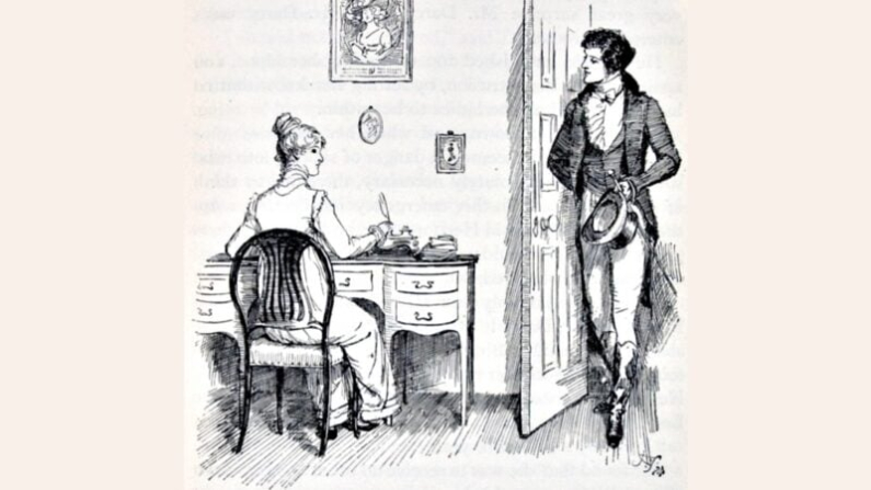 Ilustración de Hugh Thomson de la edición londinense de 1894 de Orgullo y prejuicio: Elizabeth Bennet y el Sr. Darcy.