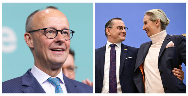 (Iz) Friedrich Merz, candidato a canciller de los demócratas cristianos de Alemania (CDU/CSU), reacciona en la sede de la CDU tras el anuncio de los resultados iniciales en las elecciones parlamentarias federales del 23 de febrero de 2025 en Berlín, Alemania. (Der)La colíder del partido Alternativa para Alemania (AfD) y la principal candidata a canciller de su partido, Alice Weidel, y el colíder Tino Chrupalla se abrazan al final de su conferencia de prensa en Berlín, el 24 de febrero de 2025, tras las elecciones federales alemanas del día anterior. El partido celebró un resultado electoral récord el 23 de febrero de 2025 . (Maja Hitij/Getty Images/Tobias Schwarz/AFP a través de Getty Images)