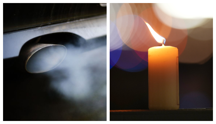 Iz: Una imagen de archivo muestra gases de un tubo de escape de un coche con motor diésel en un garaje de Wickede, al este de Alemania. (Ina Fassbender/dpa/AFP vía Getty Images)/ De: Una vela sobre la valla (Christopher Furlong/Getty Images)