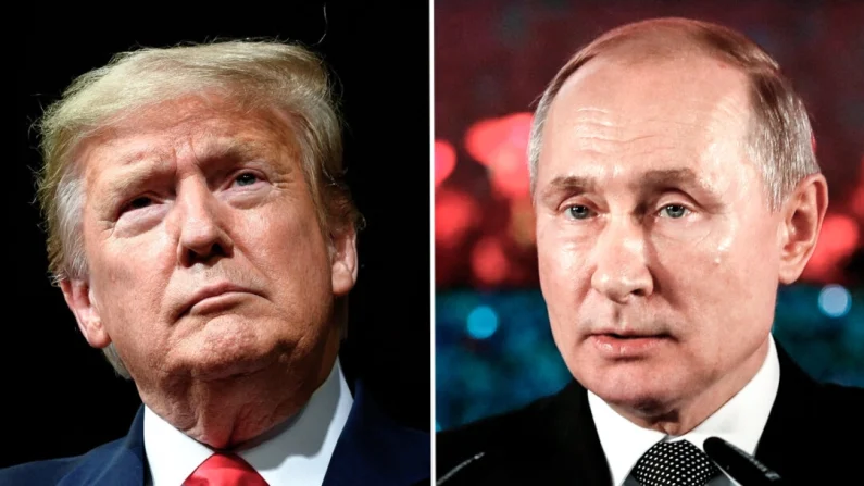 (Izquierda) El presidente Donald Trump pronuncia un discurso en un mitin de Keep America Great en Phoenix el 19 de febrero de 2020; (Derecha) El presidente ruso Vladimir Putin pronuncia un discurso durante una ceremonia en Jerusalén el 23 de enero de 2020. (Jim Watson y Emmanuel Dunand/AFP vía Getty Images)