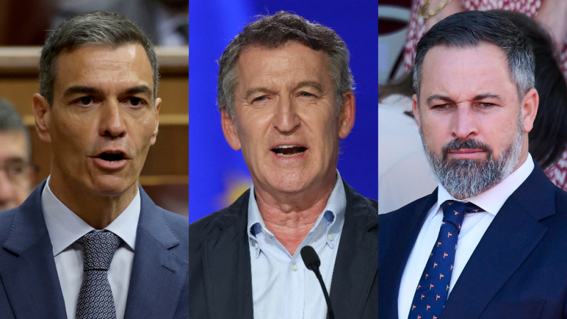 De izq. a der.: Pedro Sánchez, Alberto Nuñez Feijóo y Santiago Abascal. (PIERRE-PHILIPPE MARCOU/AFP via Getty Images // THOMAS COEX/AFP via Getty Images // Carlos Alvarez/Getty Images)