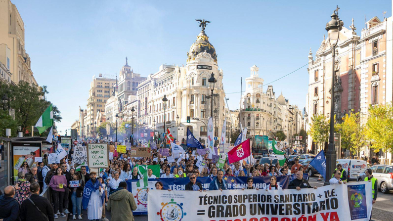 Manifestacion de los Técnicos Sanitarios Superiores en las calles de Madrid camino al Ministerio de Sanidad el 3 de Noviembre. (Foto cedida por Daniel Haro, Comisión de Grado)