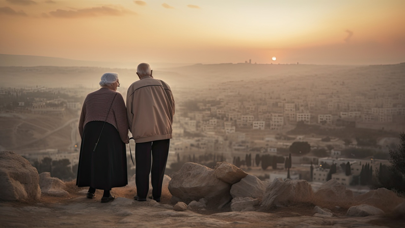 Una pareja de ancianos observa un poblado desde las montañas. Merandadeban. Pixabay