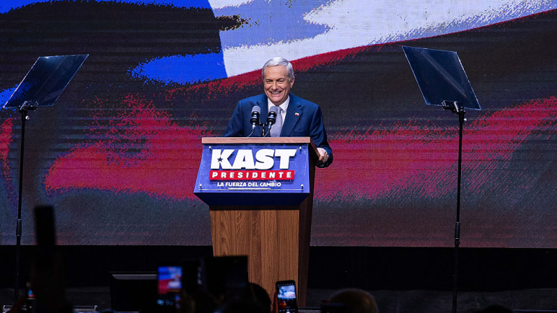 SANTIAGO, CHILE - DECEMBER 14: Presidential candidate Jose Antonio Kast of the Republicano party smiles as he speaks to his supporters followingg the 2025 presidential election on December 14, 2025 in Santiago, Chile. According to the Chilean electoral institute 'Servel', Kast has 58.21% of the votes against 41.79% for Jeannette Jara of the Unidad Por Chile coalition, after 98.53% of the polling stations counted in the Presidential election runoff.(Photo by Claudio Santana/Getty Images)
