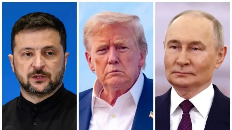 (Izquierda) El presidente ucraniano, Volodímir Zelenski, en Roma, Italia, el 10 de julio de 2025. (Centro) El presidente estadounidense, Donald Trump, llegando a la Base Aérea Andrews (Maryland) el 29 de julio de 2025. (Derecha) El presidente ruso, Vladímir Putin, en el Kremlin de Moscú el 8 de mayo de 2025.
Foto: Antonio Masiello, Andrew Harnik/Getty Images; Evgenia Novozhenina/AFP vía Getty Images